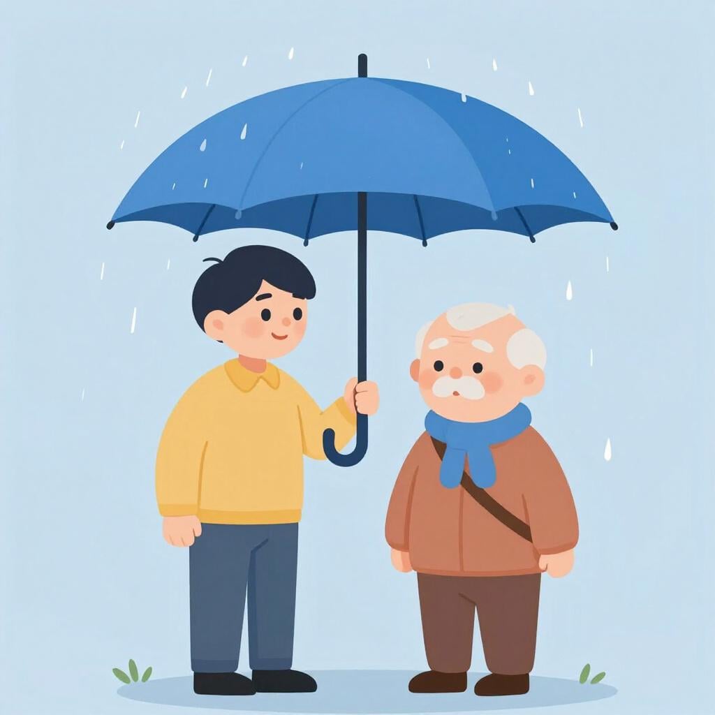 A person holding an umbrella over another person in the rain.