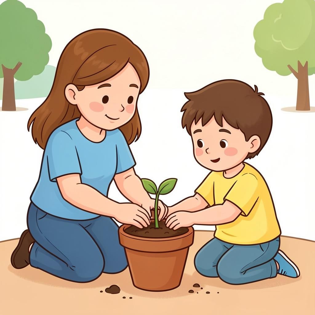 An adult guiding a child's hand to plant a small seedling in a pot of soil.