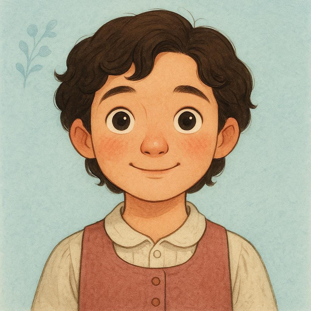 Een portret van een persoon met grote, onschuldige ogen en een oprechte, licht naïeve glimlach, gekleed in eenvoudige, rustieke kleding.