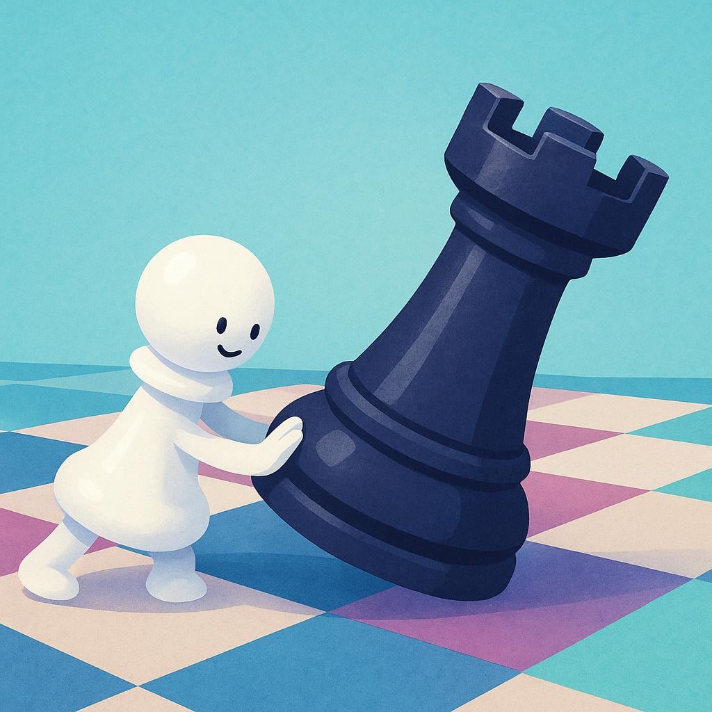 A white pawn piece knocking over a black rook piece on a simple wooden chessboard.