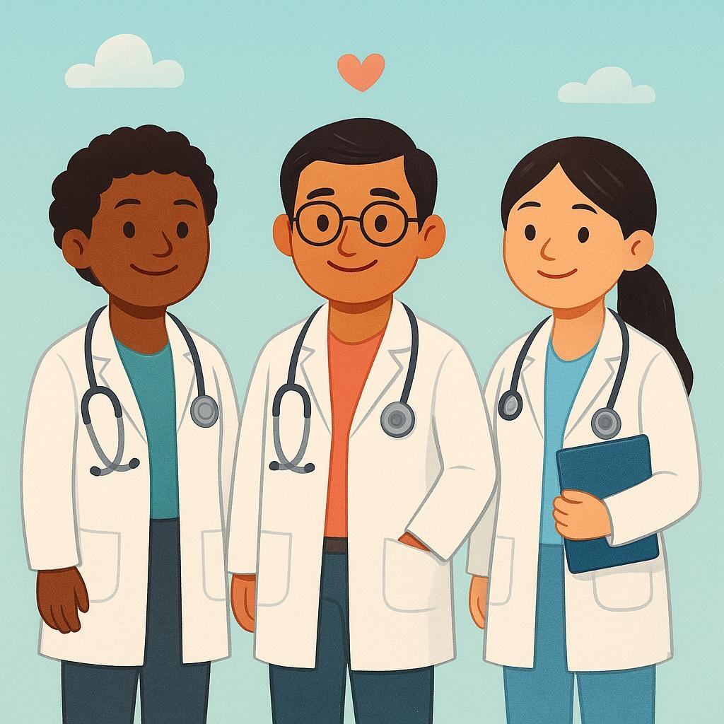 Three smiling cartoon figures, two men and one woman, wearing white lab coats and stethoscopes around their necks, standing together.