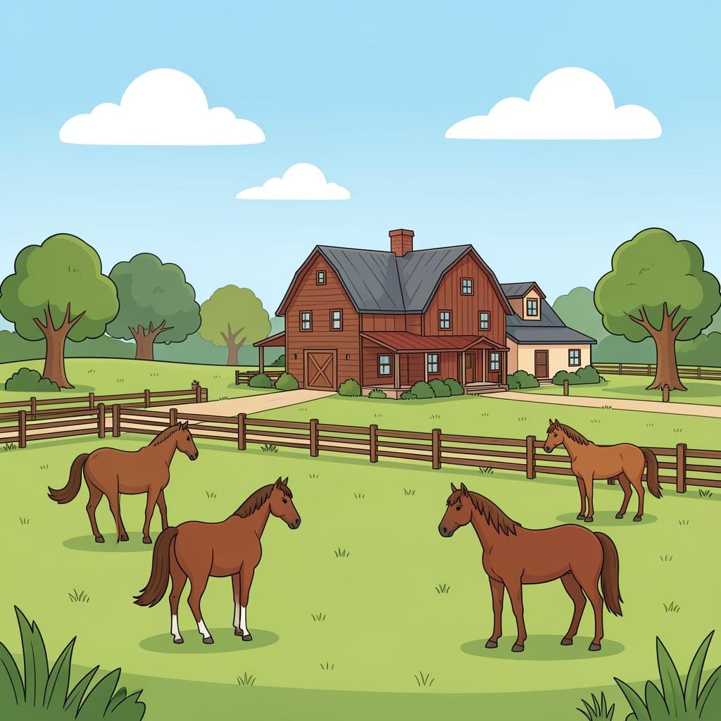 A wide landscape showing a large farmhouse, a wooden fence, and horses grazing in a field.