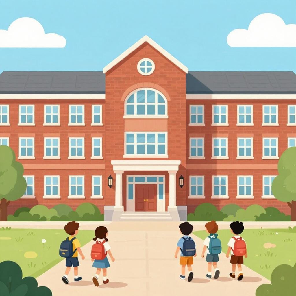 A large brick school building with many windows and students carrying backpacks walking toward the entrance.