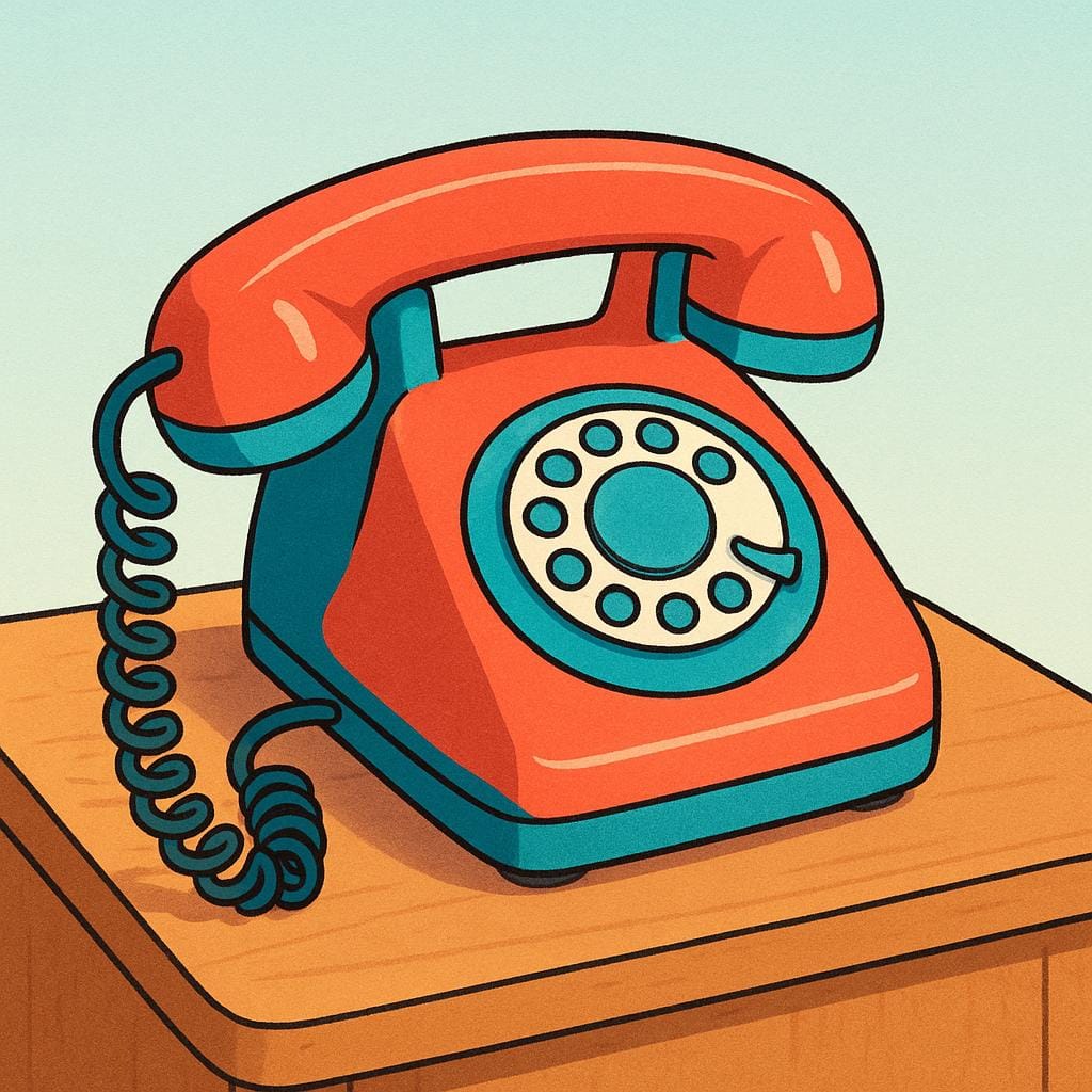 A blue landline telephone with a coiled cord connecting the receiver to the base unit, sitting on a small wooden table.