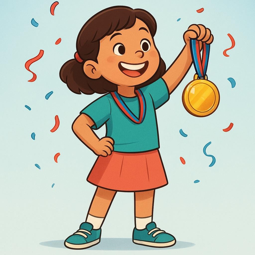A young girl standing tall and smiling brightly, holding up a gold medal.
