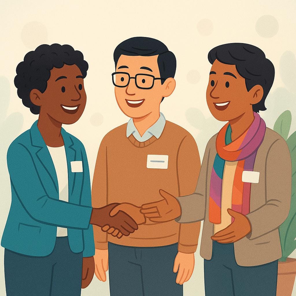 A colorful illustration showing three diverse people standing together and smiling, with one person shaking the hand of another, symbolizing networking and social connections.
