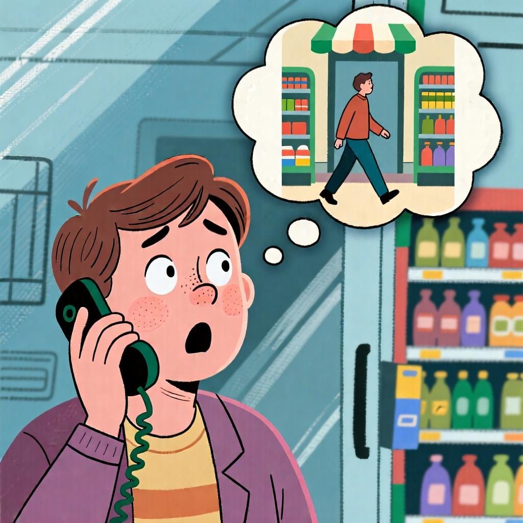 A person on a phone call is imagining themselves walking into a supermarket, representing the idea of being asked to go somewhere.