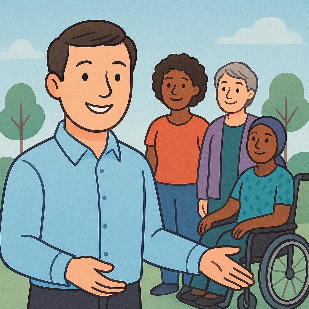 Eén vriendelijk figuur met een formeel overhemd staat bij een klein spreekgestoelte en wijst naar een kleine groep van drie diverse figuren die voor hen zitten.