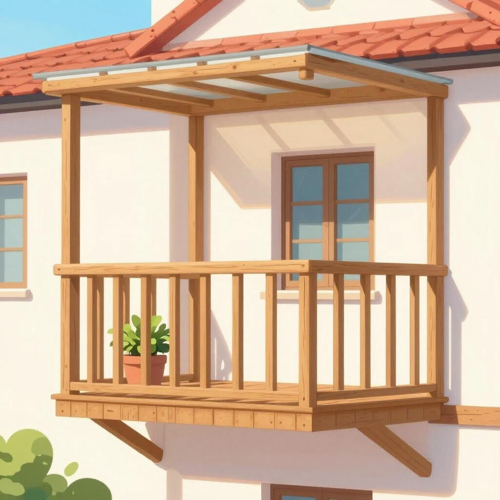 Un balcon en bois sur une maison remplie de soleil éclatant et d'une seule plante en pot.
