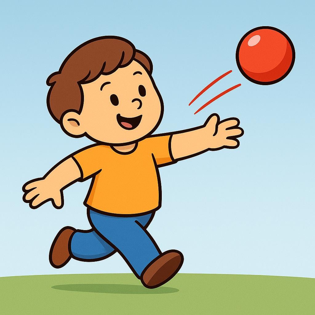 A simplified illustration of a person's arm mid-motion, releasing a bright red ball that is flying through the air.