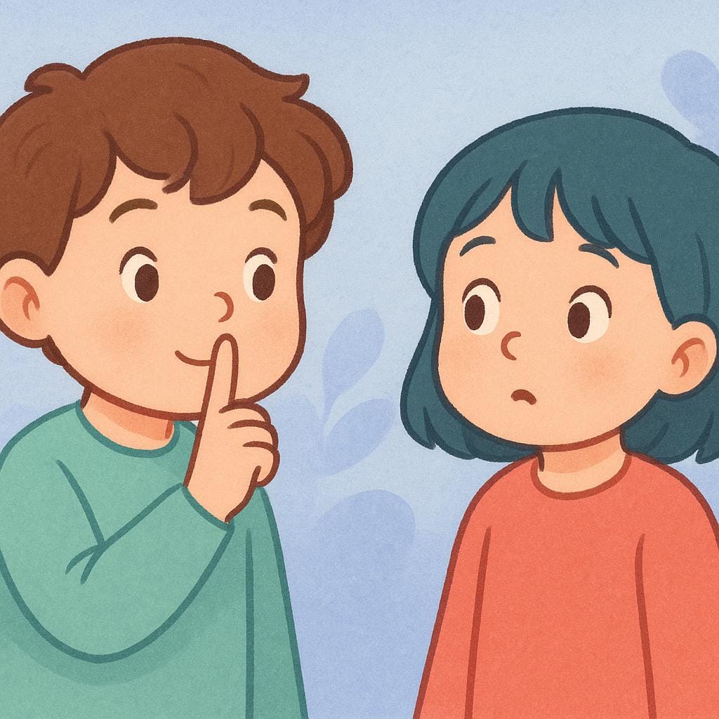 Un personnage faisant un geste 'chut' (doigt sur les lèvres) vers un autre personnage qui a cessé de parler, illustrant l'acte de faire taire quelqu'un.