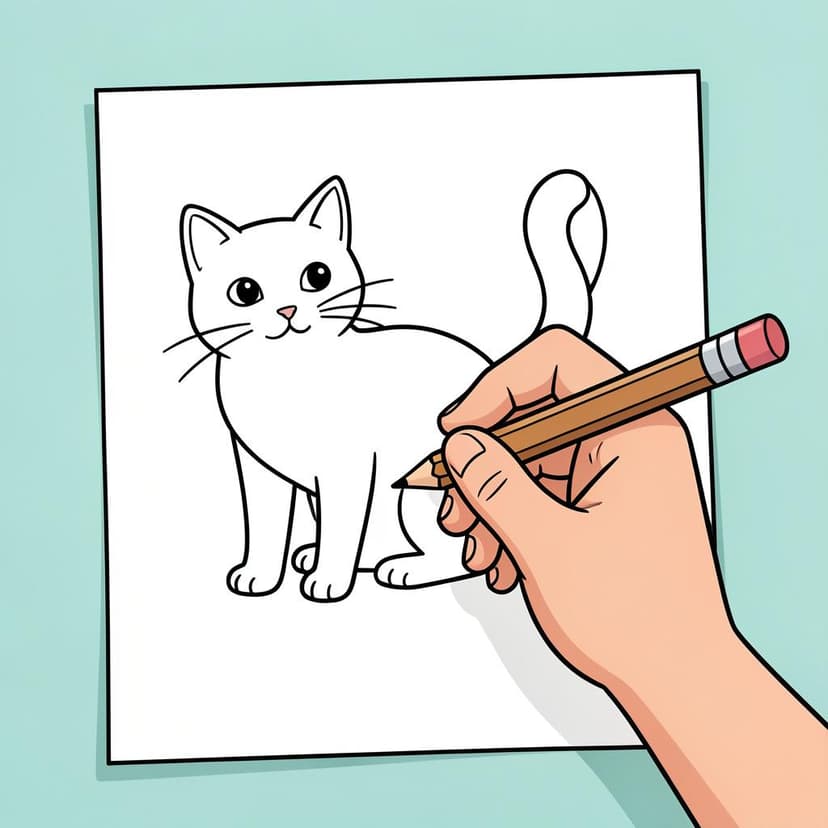 A hand holding a pencil and sketching a simple cat on a piece of paper.