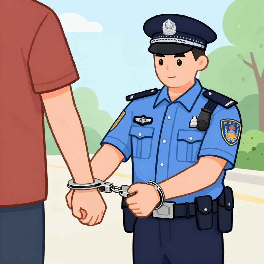 A police officer placing handcuffs on a person in a respectful, simple illustration style.