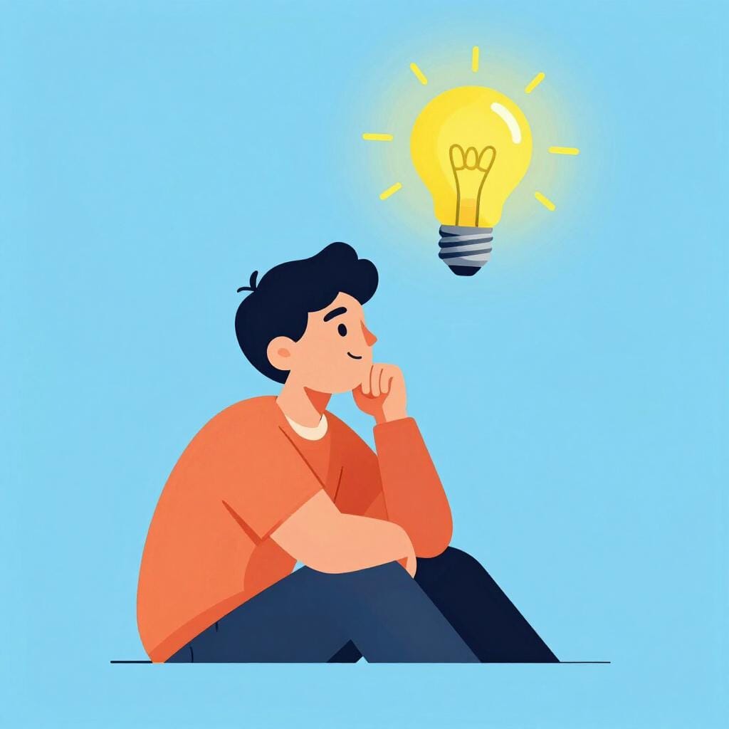 A person sitting with a thoughtful expression, holding a chin with their hand, and a glowing lightbulb floating above their head to represent a new hypothetical idea.