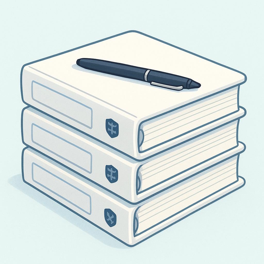 A precise, neat stack of three thick, white, official-looking binders, suggesting technical manuals or documentation, with a simple dark pen resting on the top.