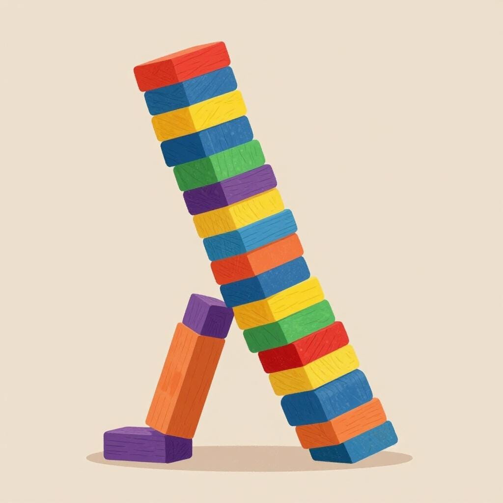 A tall stack of mismatched wooden blocks leaning precariously to one side, about to fall over.