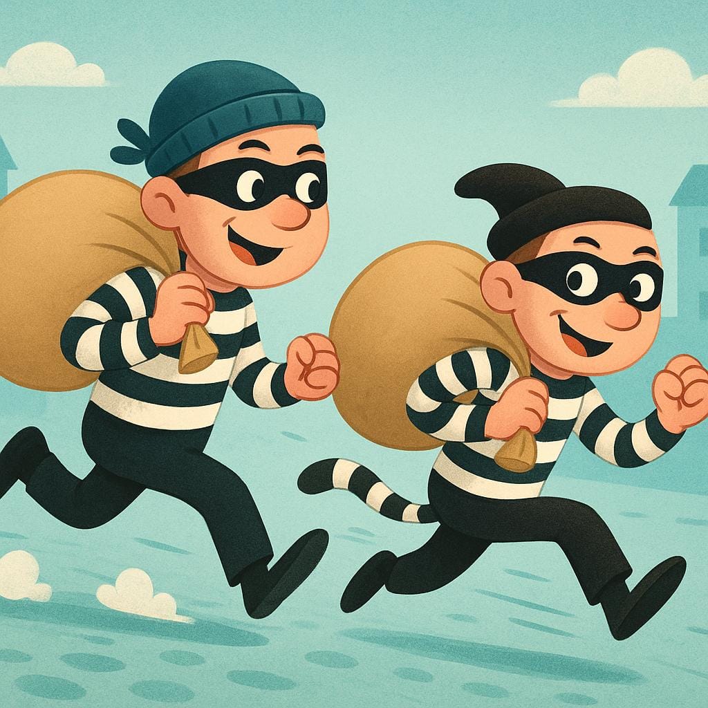 An illustration of two cartoonish figures, dressed in striped shirts and black eye masks, running quickly while carrying a single large, bulging sack over their shoulders, symbolizing stolen goods.