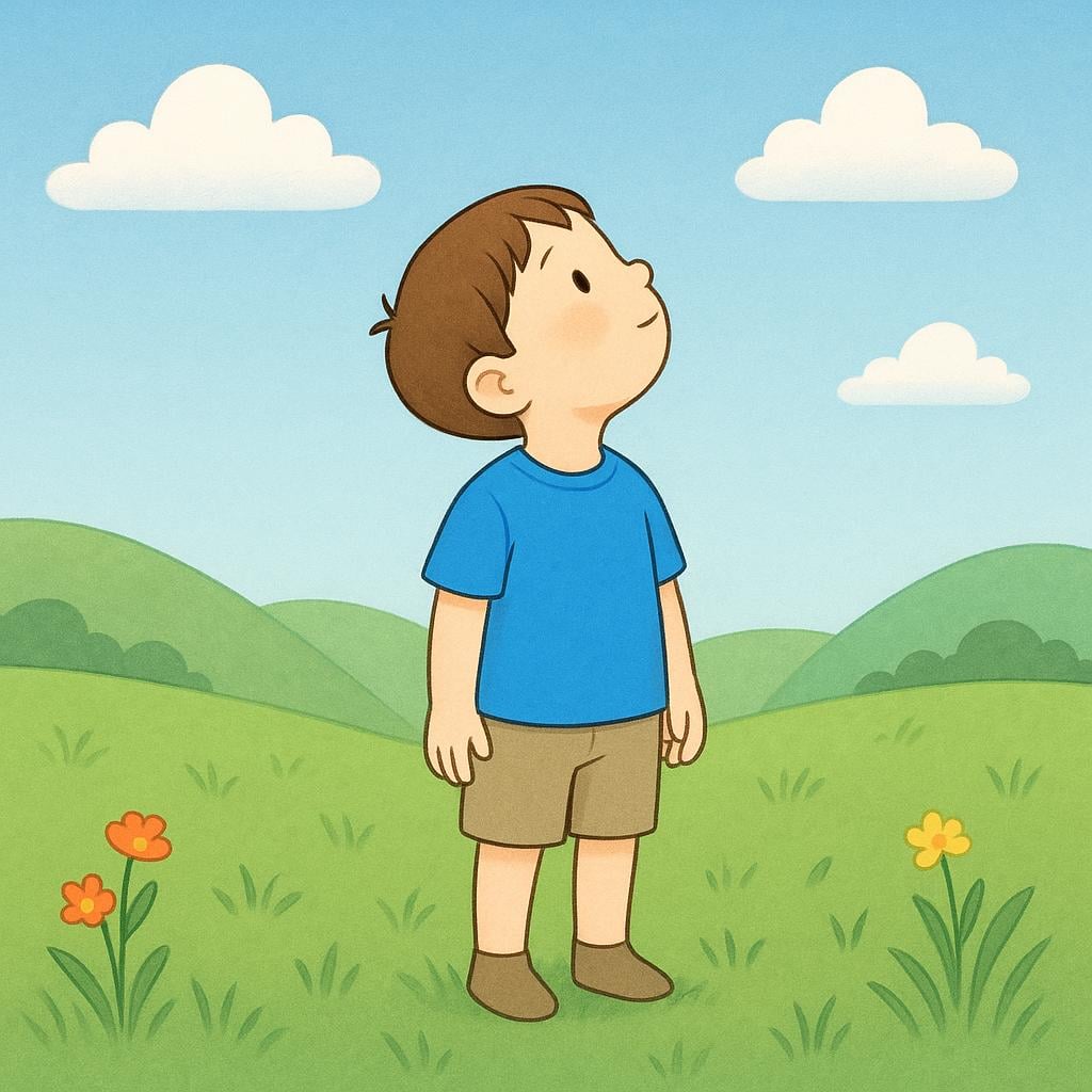 A simple illustration of a young child standing alone in a field, looking up at the sky with an expression of curiosity and wonder, representing a human being.