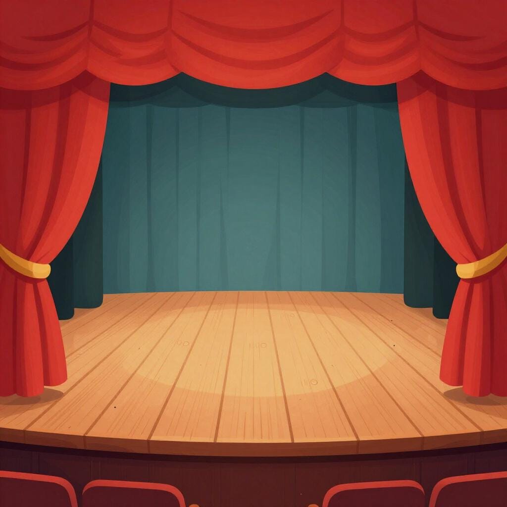 The view from behind a heavy red velvet curtain looking out onto an empty wooden stage with spotlights.