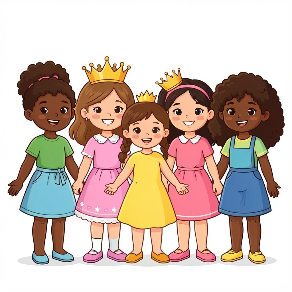 A group of five smiling girls standing together, with the middle girl wearing a golden laurel wreath.