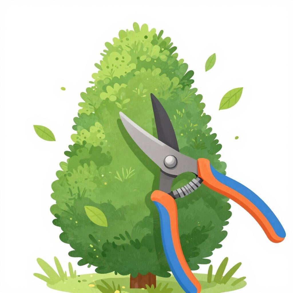 A pair of garden shears trimming a long green hedge to make it shorter and neater.