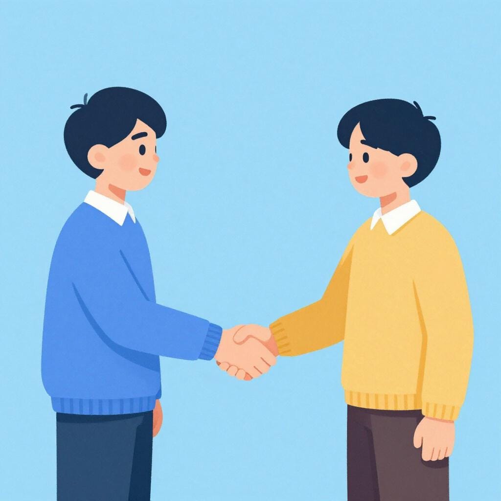 Two people shaking hands firmly in front of a simple background.