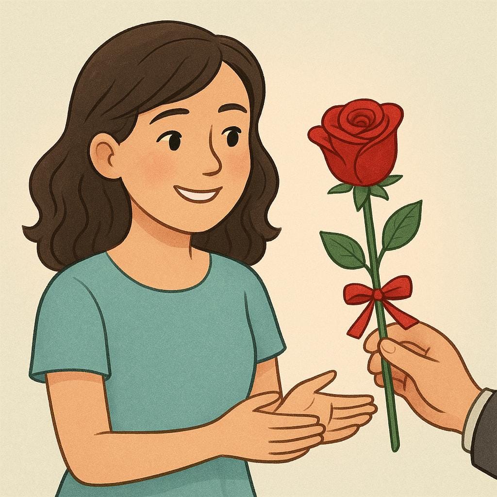 A young woman with a delighted expression is happily receiving a single, elegant red rose from an unseen hand, symbolizing a special invitation.