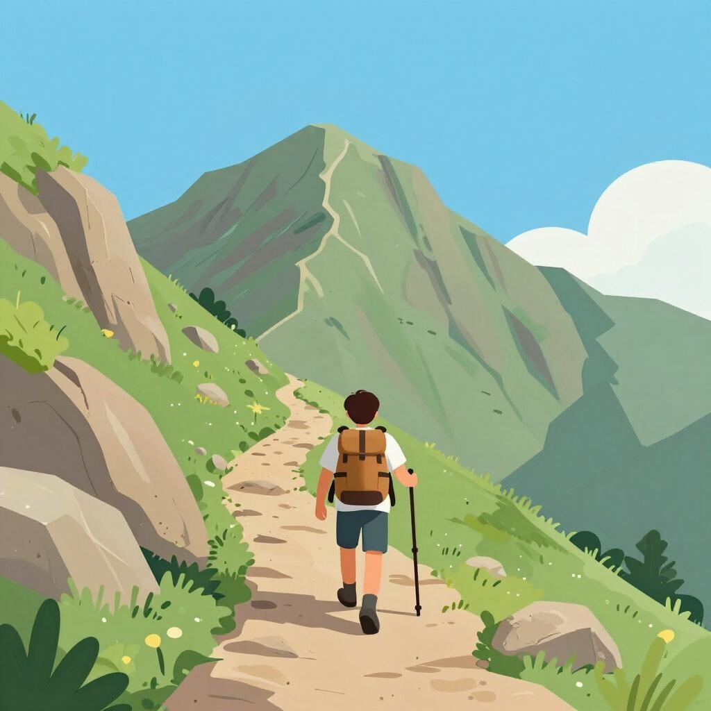 A small determined hiker climbing a steep mountain peak.