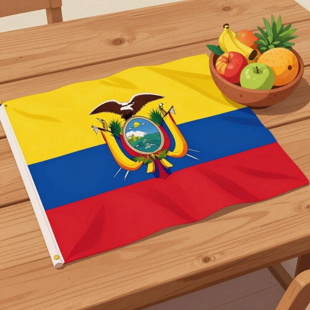 Une illustration colorée du drapeau équatorien drapée sur une table en bois à côté d'un bol de fruits tropicaux exotiques.