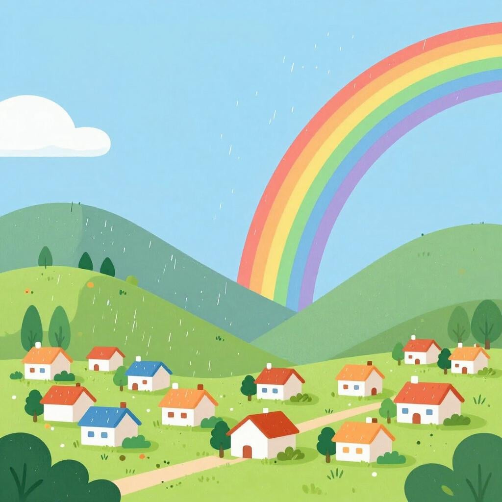 A small village nestled in a valley with rain clouds on one side and a rainbow on the other.