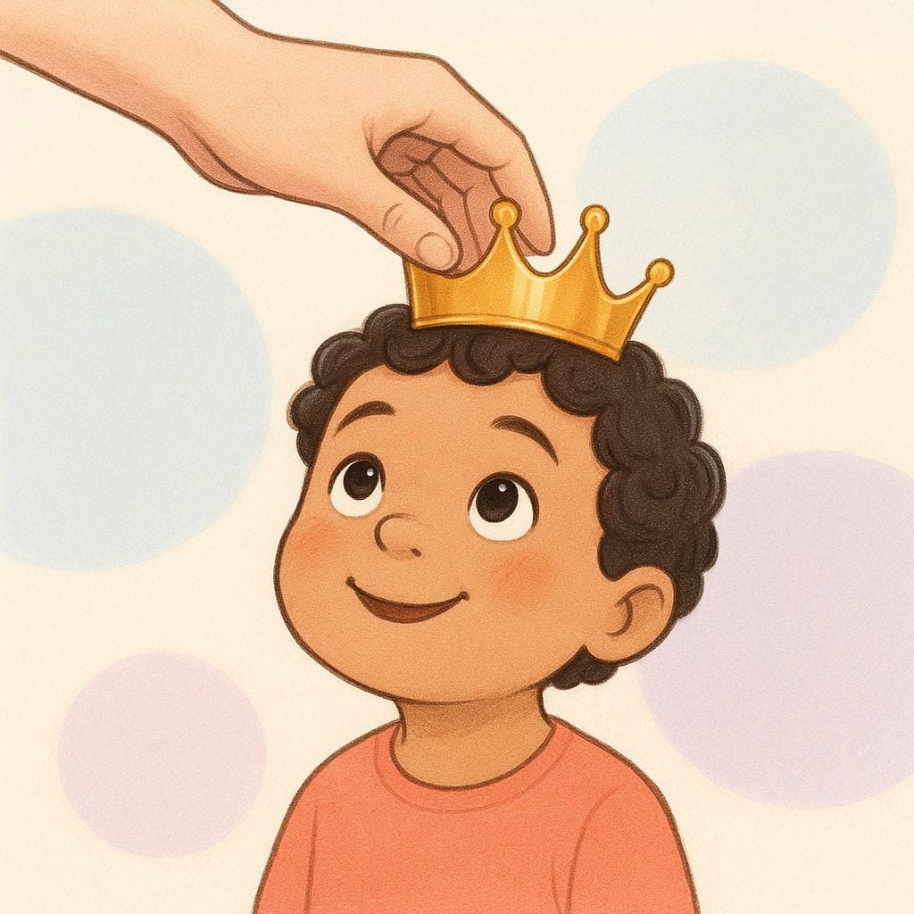 Un primo piano di una mano adulta che posa delicatamente una corona d'oro sulla testa di un bambino sorridente, a simboleggiare un cambiamento di status o identità.