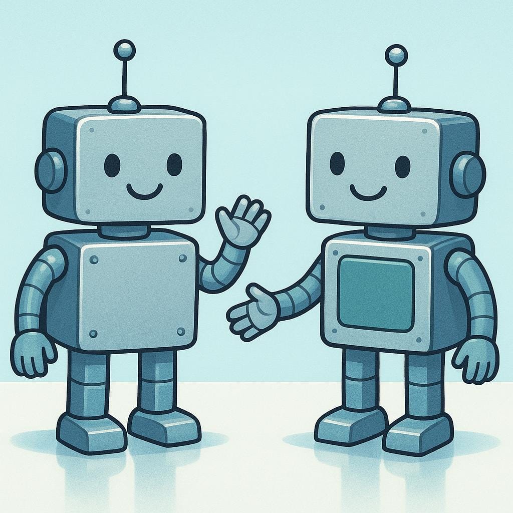 A pair of simple, friendly metallic robots with visible joints and antennas standing on a brightly colored surface.