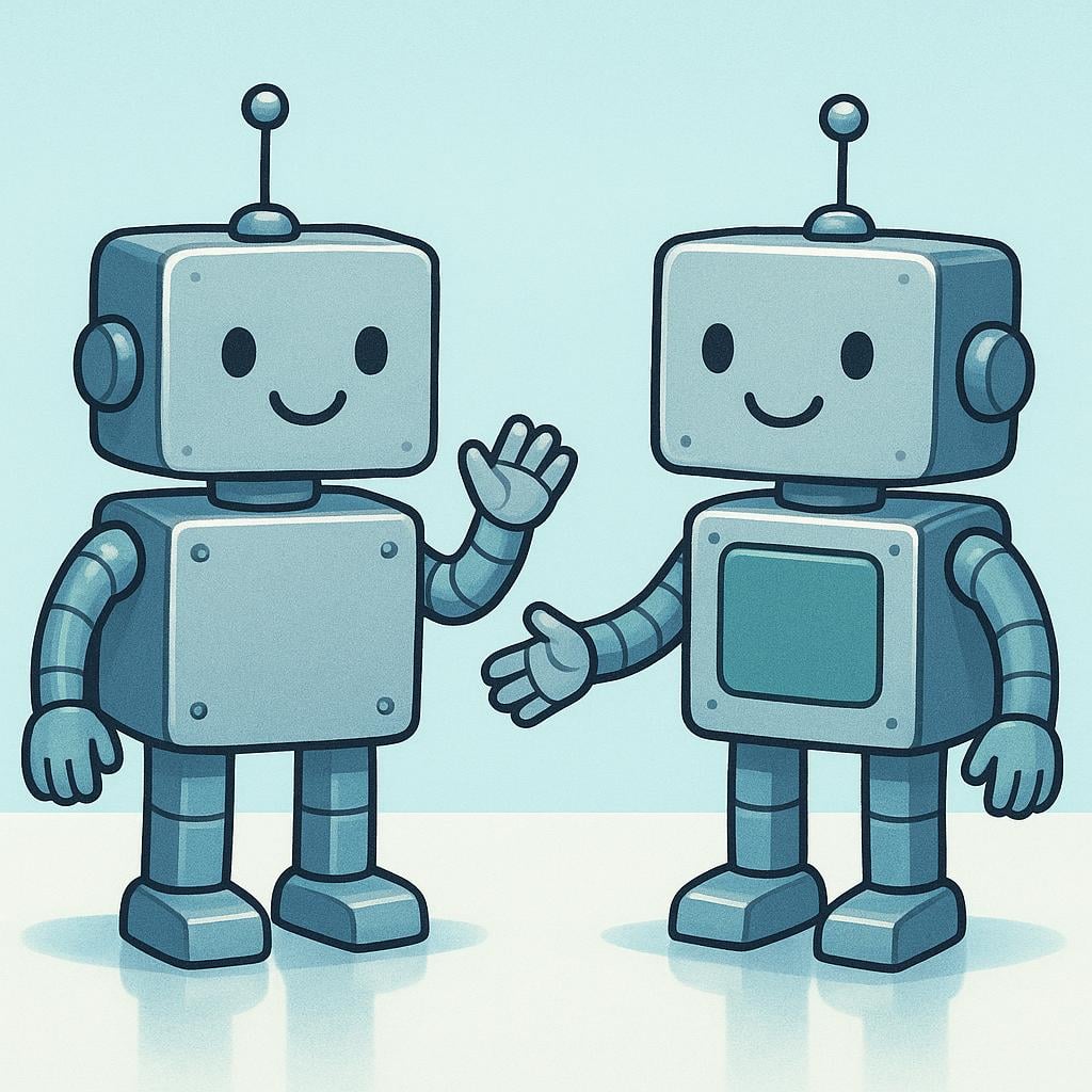 A pair of simple, friendly metallic robots with visible joints and antennas standing on a brightly colored surface.