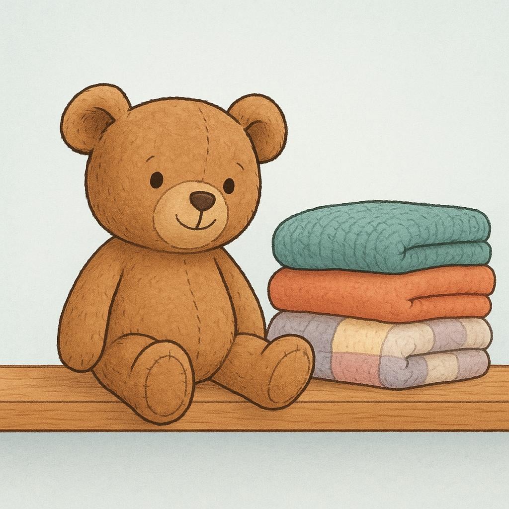 A storybook illustration of a well-loved, worn teddy bear sitting on a wooden shelf next to a stack of comfortable blankets, symbolizing something known and familiar.