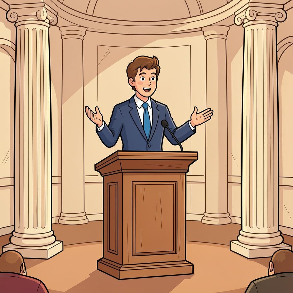 A person standing behind a simple podium, wearing a suit and gesturing professionally as if giving a speech in a formal hall.