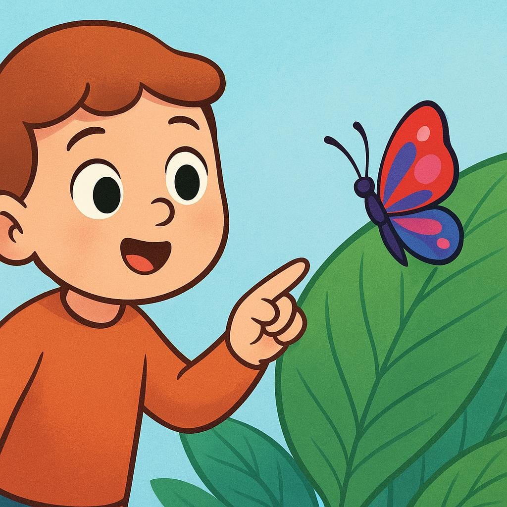 A cartoon character stops walking to intently observe a small, colorful butterfly resting on a large green leaf.
