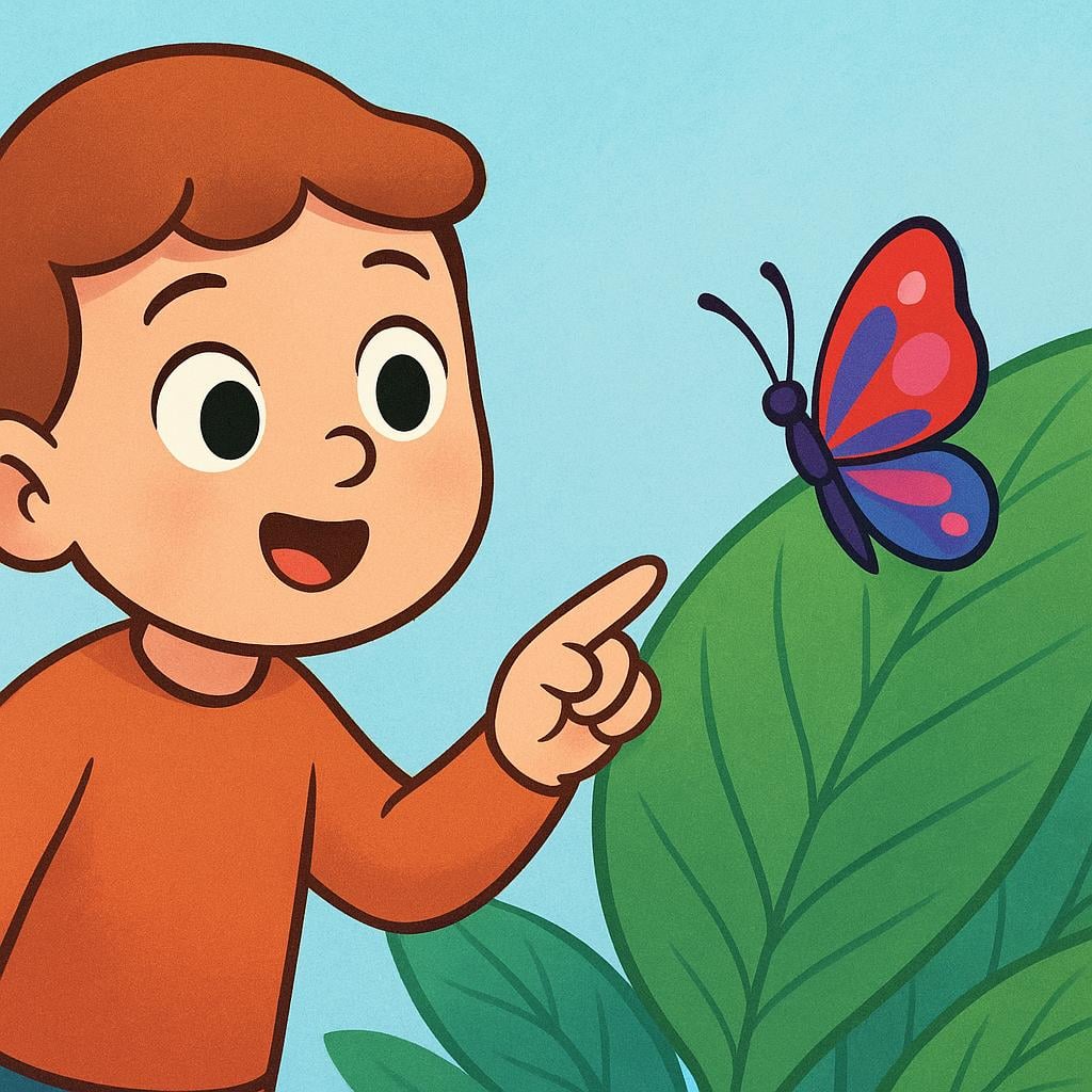 A cartoon character stops walking to intently observe a small, colorful butterfly resting on a large green leaf.