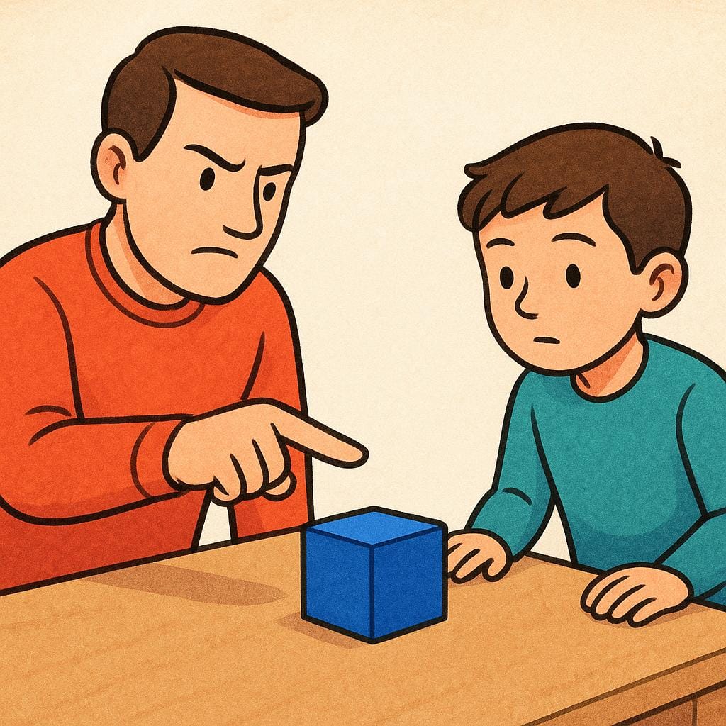 An adult figure giving a firm instruction by pointing clearly at a simple colored block on a table, while another figure leans in attentively to receive the command.