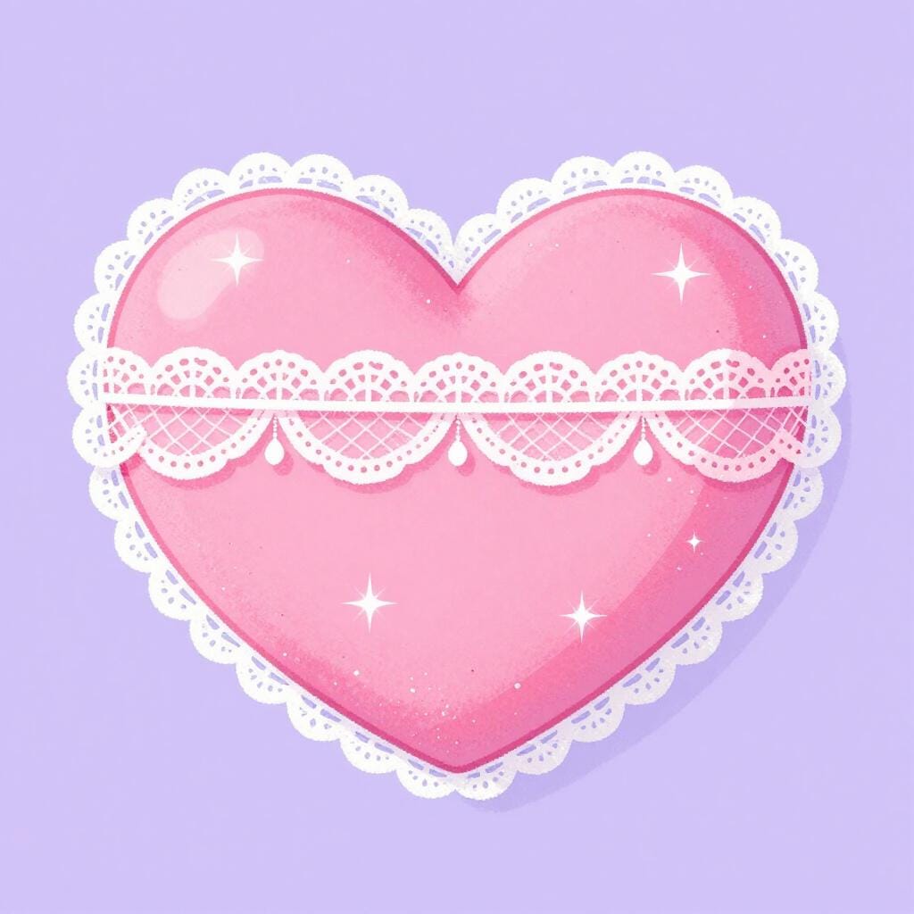 A large, fluffy pink plush heart decorated with white lace and shiny glitter.