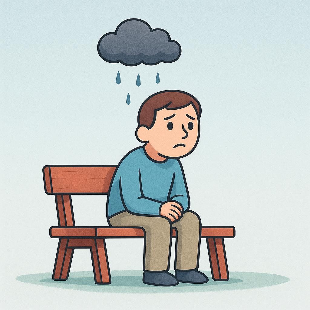 A small figure sitting alone on a simple bench, looking up with a worried expression at a tiny, gray rain cloud hovering closely above their head.