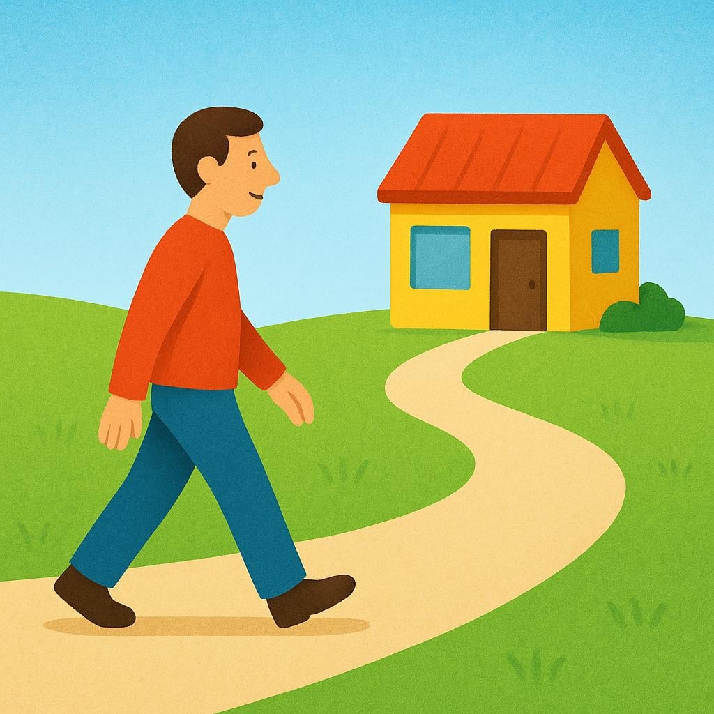 A person walking along a path toward a shop