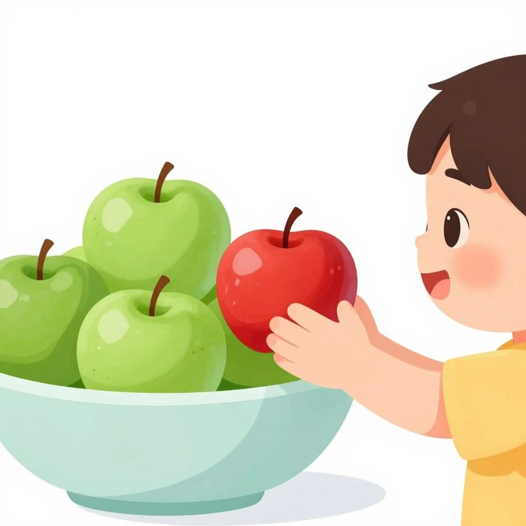A child reaching for a bright red apple instead of a green one on a wooden table.