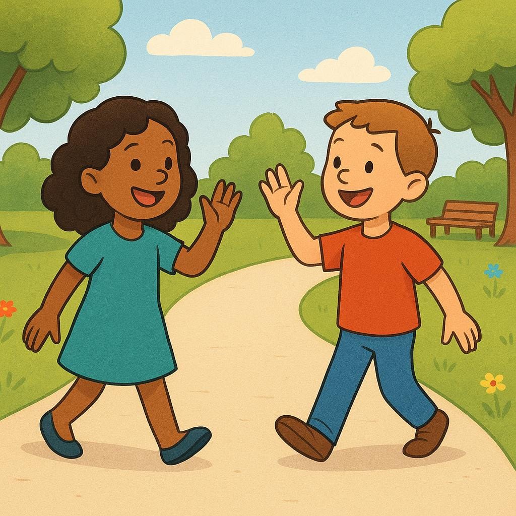 Two friends walking towards each other on a park path, smiling and waving, about to meet up.