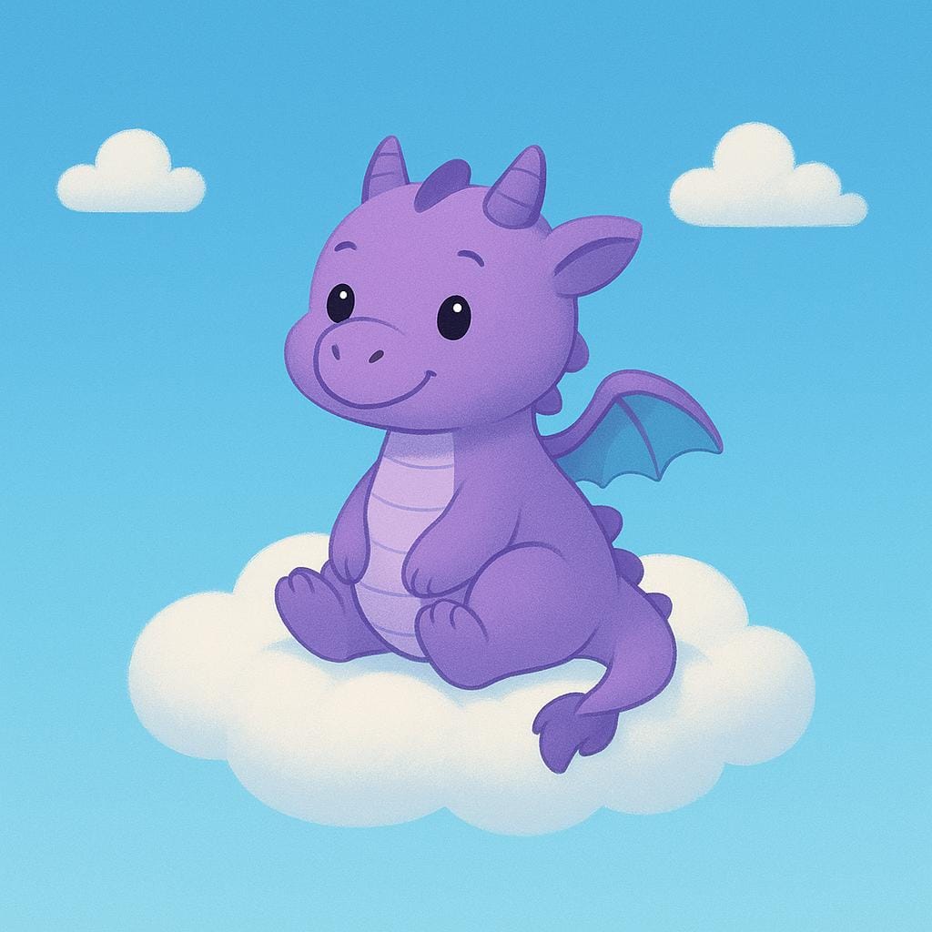 Een kleine, lachende paarse draak die op een pluizige witte wolk zit, wat verbeelding en fantasie symboliseert.