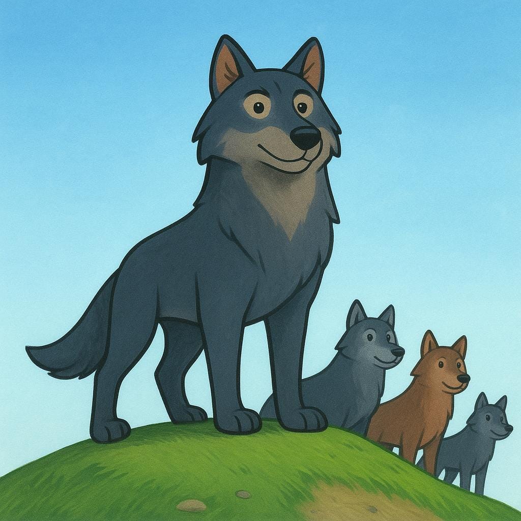 A large, strong wolf standing on a slight elevation, looking forward assertively, leading a small pack of other wolves following closely behind.