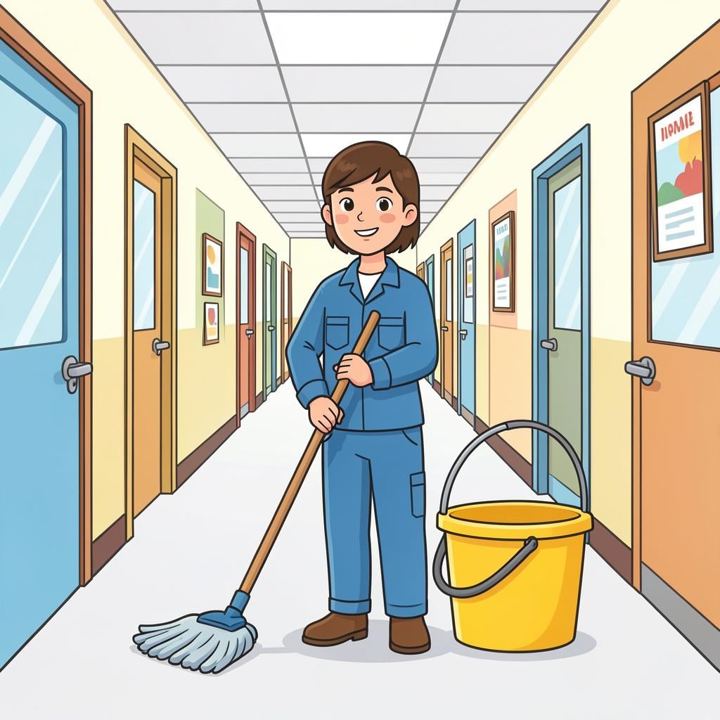 A friendly person wearing a work uniform, holding a large mop and a bucket in a clean hallway.