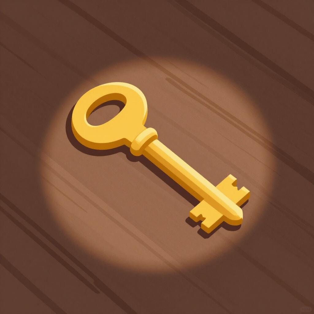 A single shiny gold key lying on a dark wooden floor.
