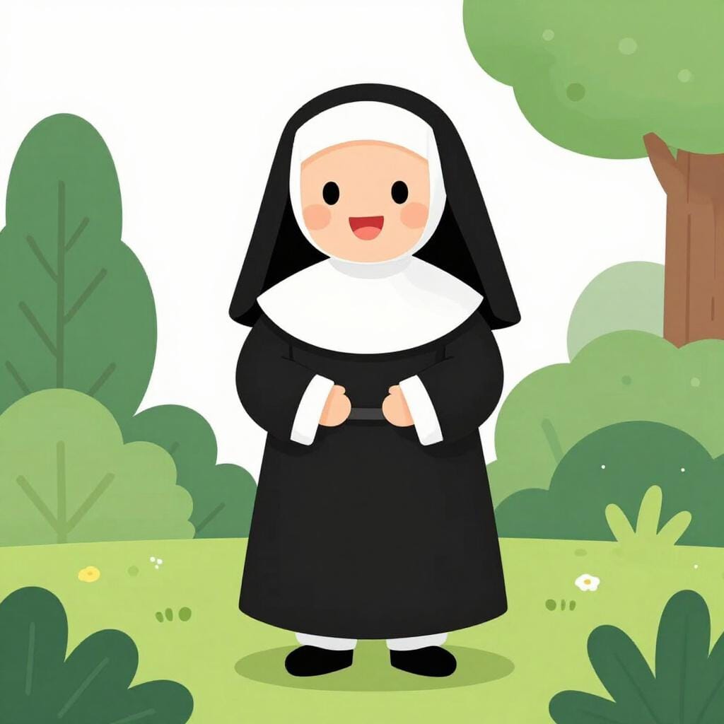 Eine freundlich aussehende Nonne in einer einfachen schwarzen und weißen Kutte, die sanft lächelt.