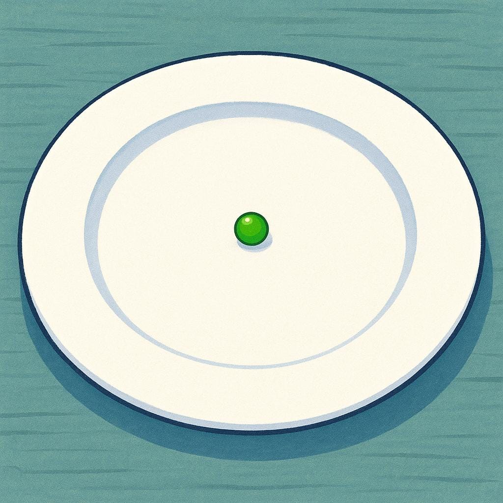 A large, empty white plate with only a single, minuscule green pea sitting in the center.