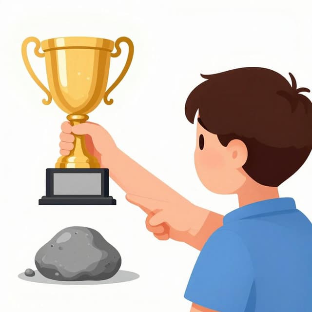A child offering a beautiful, shiny gold trophy to a person who is ignoring it and looking at a small, plain pebble instead.